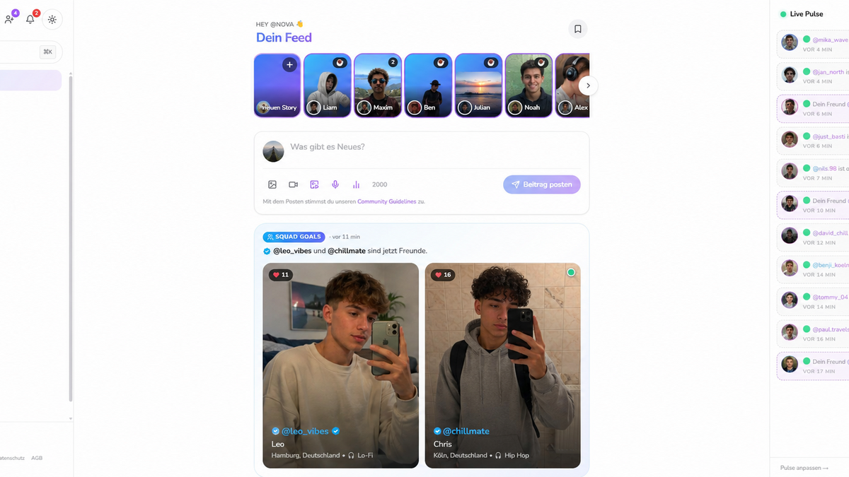 Community-Feed der justboys-Plattform (anonymisiert)